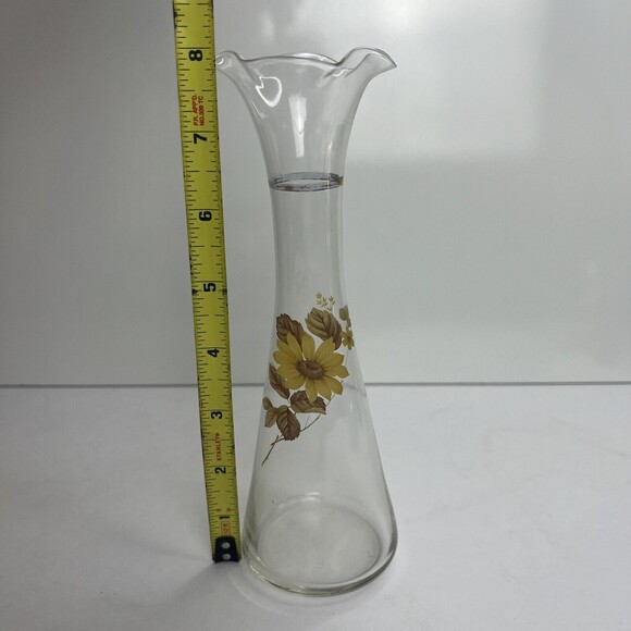 Vintage Viking Art Glass Clear With Yellow And Brown Flowers Bud Vase - Picture 7 of 7